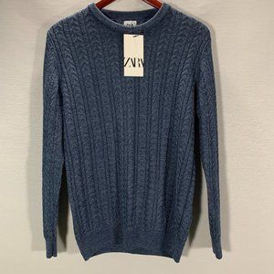 Zara Sweater Men Medium Blue Wool Blend Cable Knit Long Sleeve Rib Hem Cuffs NEW